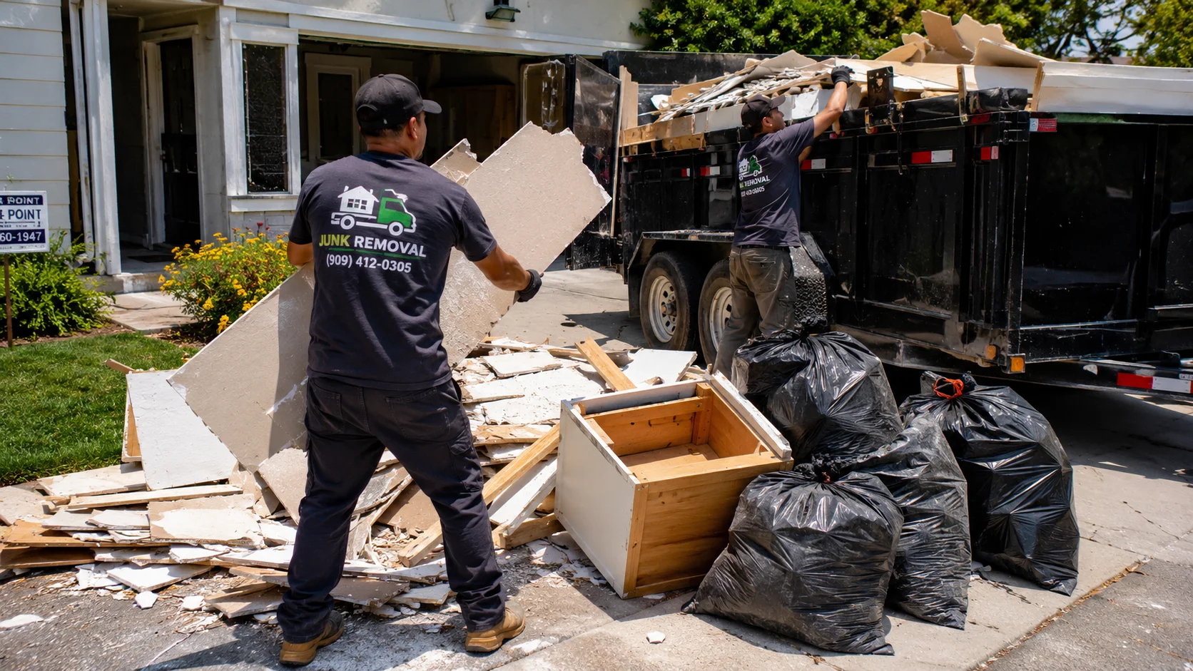 Construction and cleanup debris prepared for removal
